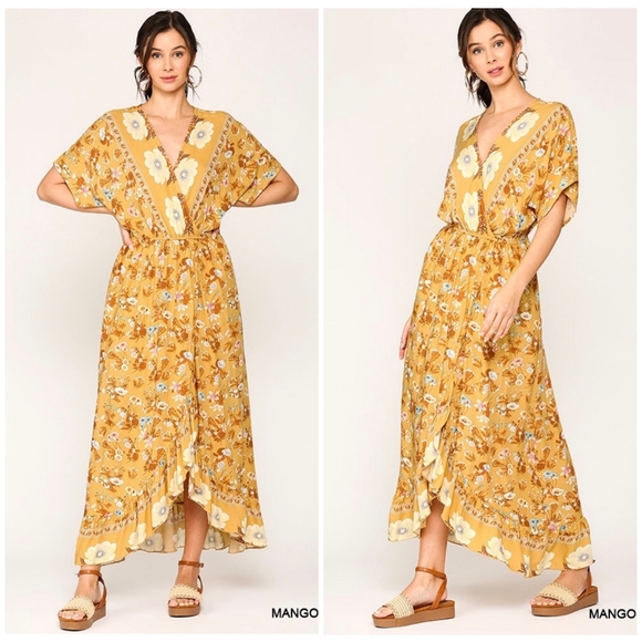 LAST ONE❗Boho Chic Mustard Kimono Top Ruffle Maxi Dress - Picture 6 of 7